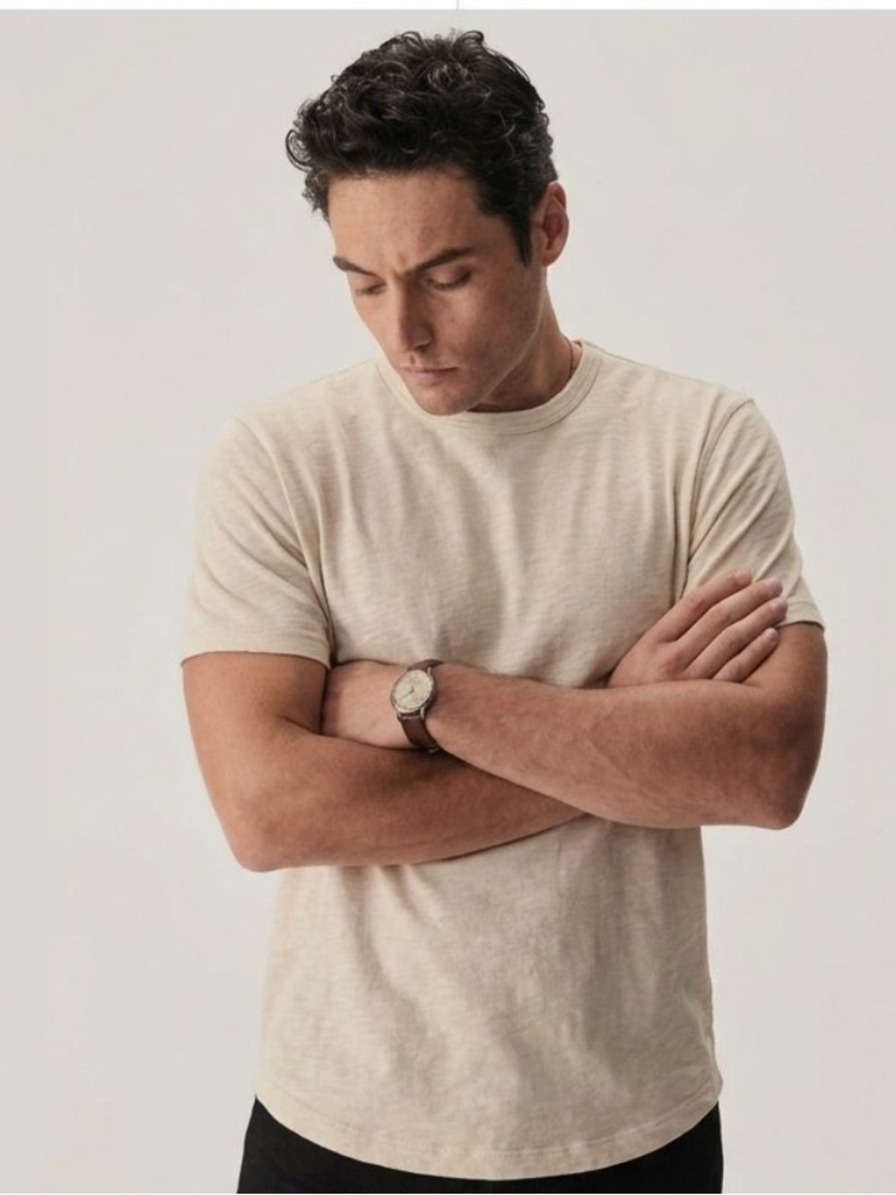 Buck Mason white sand slub curved hem tee size XL new cream tan flaw cotton
